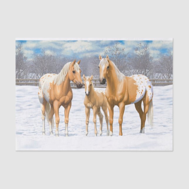 Papier Mousseline Palomino Appaloosa Chevaux En Neige (Recto)