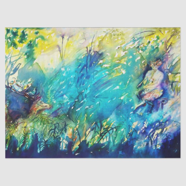 PAPIER MOUSSELINE PAN JOUER FLUTE ET CERF EN BOIS VERT (Recto)