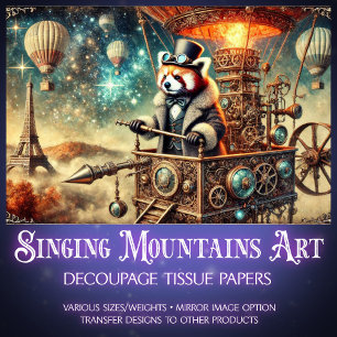 Papier Mousseline Panda rouge mécanique vintage Voyage Decoupage