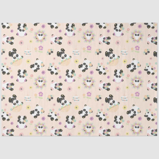 Papier Mousseline Pandas orientales mignonnes Motif sur beige (Recto)