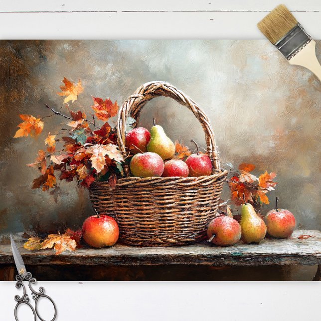 Papier Mousseline Panier de fruits d'automne (Tissue paper sheets showing a still life painting with apples in a basket, laid flat on white wood.)