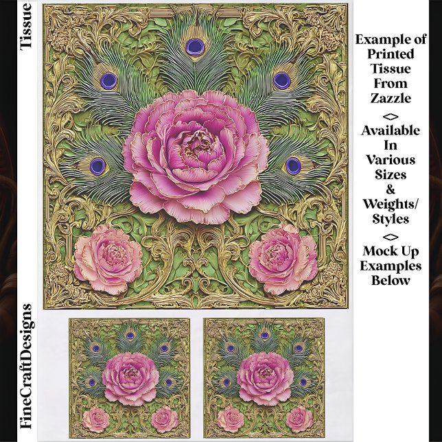 Papier Mousseline Panneau Peonies & Plumes Peacock EH7 Découpage (Créateur téléchargé)