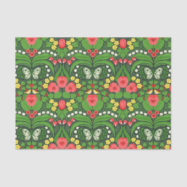 Papier Mousseline Pansies rouges, oiseaux et papillons (Recto)