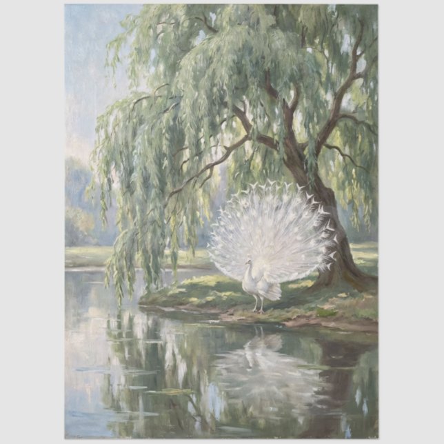 Papier Mousseline Paon blanc découpage au saule (Recto)