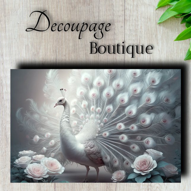 Papier Mousseline Paon Blanc Découpe (White Peacock Decoupage Tissue Paper)