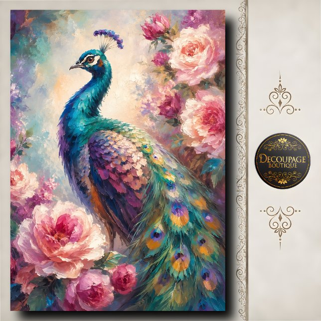 Papier Mousseline Paon Découpe Rose Rose (Pink Rose Peacock Decoupage Tissue Paper)