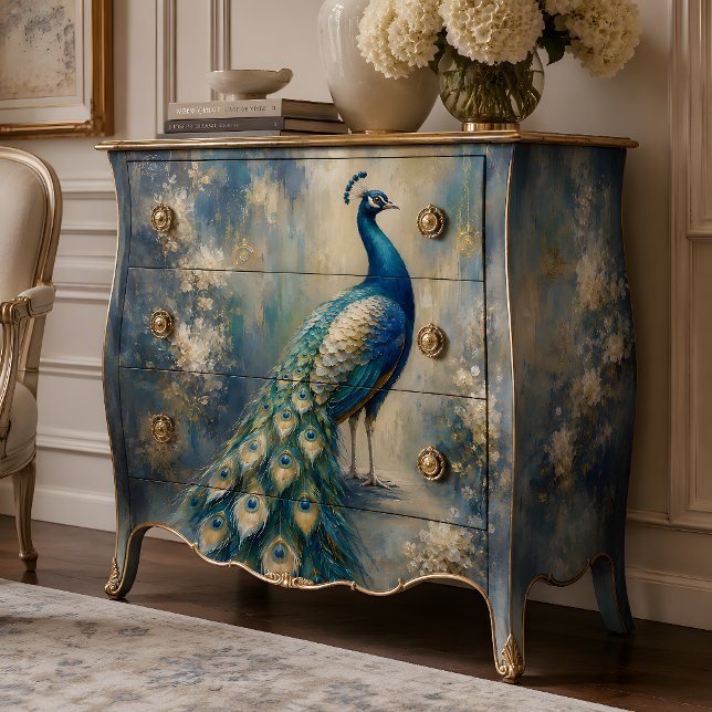 Papier Mousseline Paon découpé sarcelle et or (Teal and Gold Peacock Decoupage Tissue Paper)