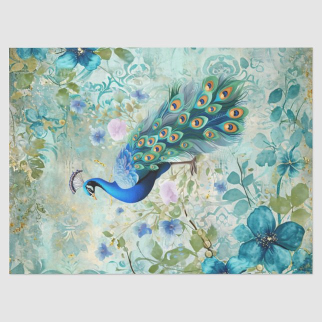 Papier Mousseline Paon Élégant Fleurs Bleu en Distress (Recto)