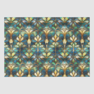 Papier Mousseline Paon en verre coloré bleu, sarcelle et or