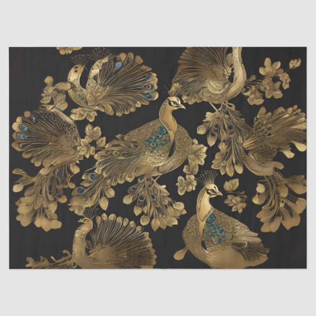 Papier Mousseline Paons dorés sur fond noir (Recto)