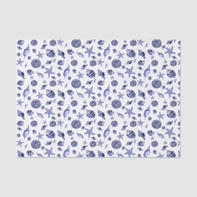 Papier Mousseline Papier de tissu de coquillages bleu et blanc (Recto)