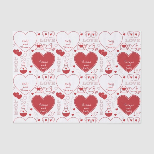 Papier Mousseline Papier de tissus Motif Valentine - Rouge sur blanc (Recto)