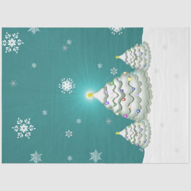 Papier Mousseline Papier de tissus turquoise Snowy Christmas Tree (Recto)