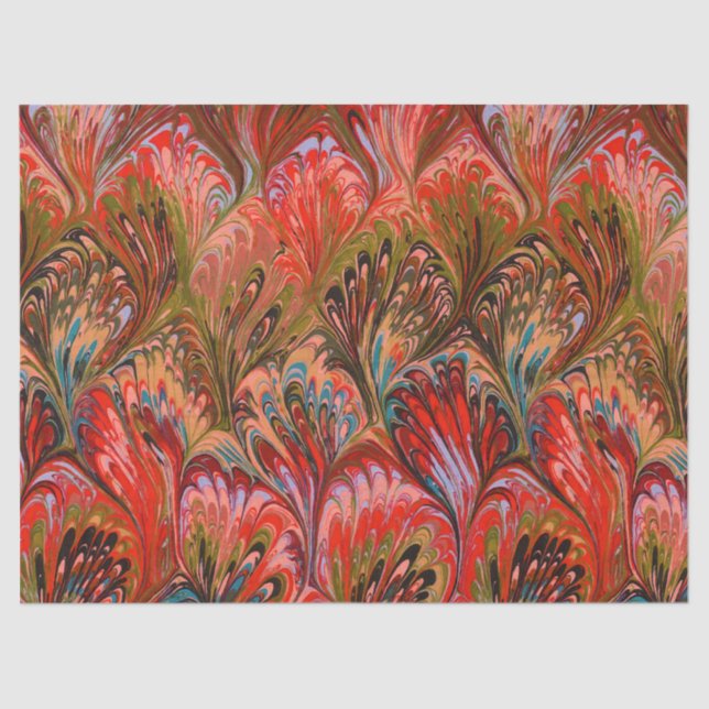 PAPIER MOUSSELINE PAPIER MARBÉ, MOTIF ABSTRAIT ROUGE BLEU PEACOCK (Recto)