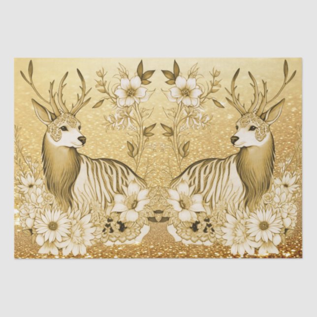 Papier Mousseline Papier Tissu Gold Floral Reindeer (Recto)