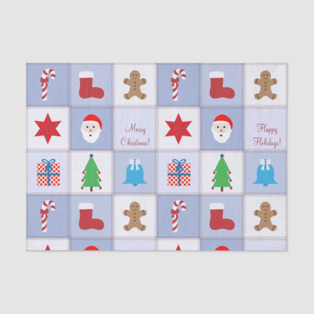 Papier Mousseline Papier Tissu Motif de Noël - Bleu (Recto)