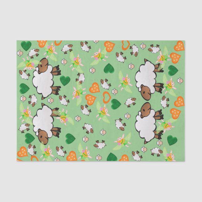 Papier Mousseline Papier Tissu Mouton Orange Coeurs verts Fée (Recto)