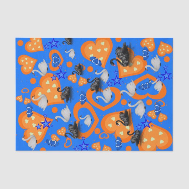 Papier Mousseline Papier Tissu Orange Coeurs Cygnes Bleu (Recto)