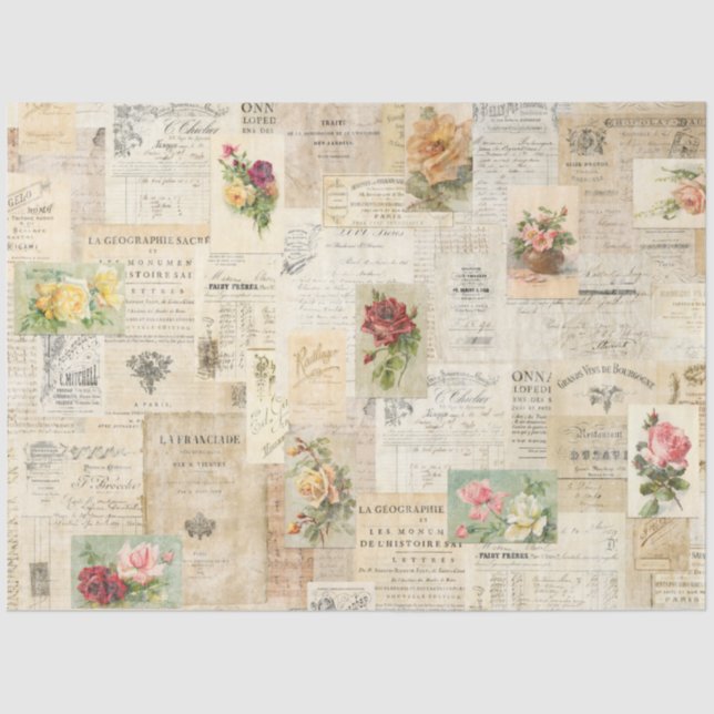 Papier Mousseline Papier Tissu Romantique Distressed Rose & Ephemera (Recto)