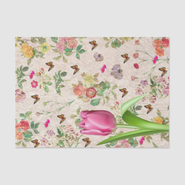 Papier Mousseline Papier Tissu Tulipe rose Papillon Floral (Recto)