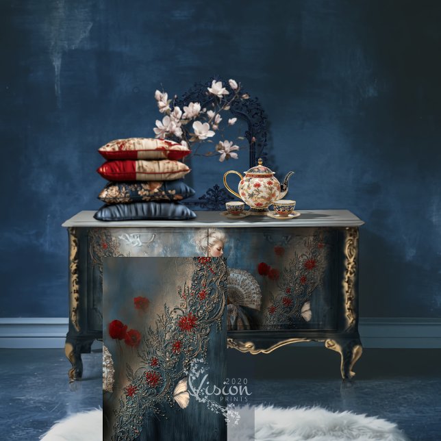 Papier Mousseline Papillon baroque Marine Blue Ornate Patina (Baroque Butterfly, Ornamental, Navy blue & Red, Patina Background, Decoupage Tissue Paper)