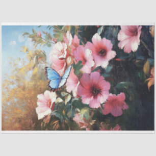 Papier Mousseline Papillon bleu Fleurs roses Peinture Découpage