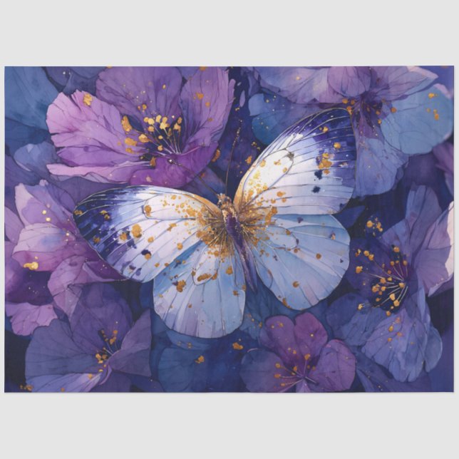 Papier Mousseline Papillon Bleu sur Fleurs Violettes (Recto)