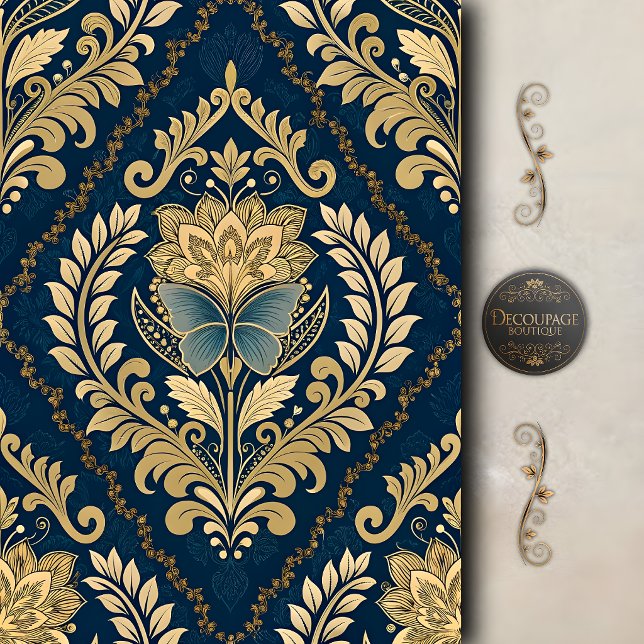 Papier Mousseline Papillon Damassé Découpe Bleu Or (Blue Gold Butterfly Damask Decoupage Tissue Paper)