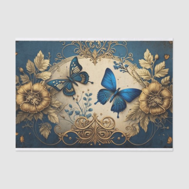 Papier Mousseline Papillon doré or et bleu Decoupage (Recto)