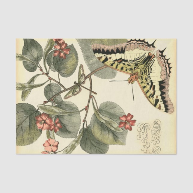 Papier Mousseline Papillon et libellule à fleurs rouges (Recto)