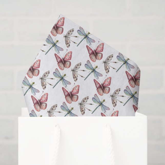 Papier Mousseline Papillon et Motif de libellule aquarelle sur blanc (Sac cadeau)