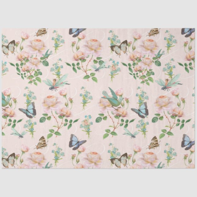 Papier Mousseline Papillon Fée Cachée Blush Rose Floral Dragonfly (Recto)