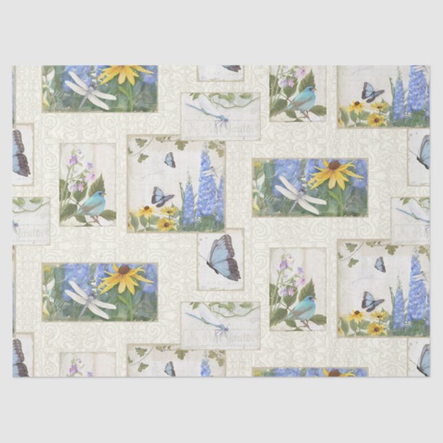 Papier Mousseline Papillon floral bleu tournesol vintage (Recto)