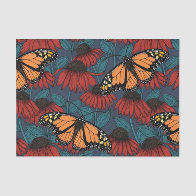 Papier Mousseline Papillon monarque sur des fleurs rouges (Recto)