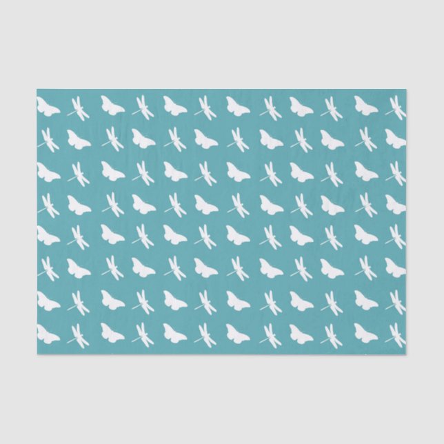 Papier Mousseline Papillon sarcelle et blanc et motif de libellule (Recto)