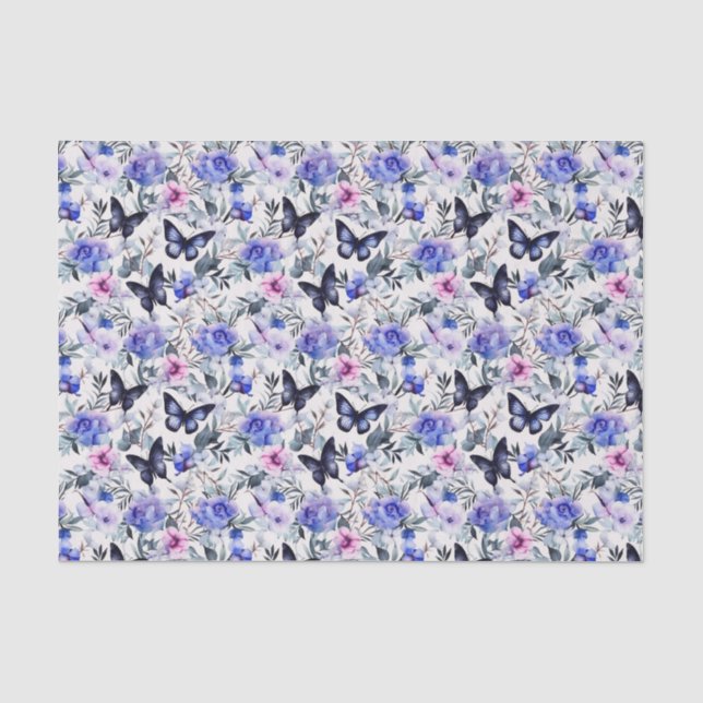 Papier Mousseline Papillons bleus et fleurs  (Recto)