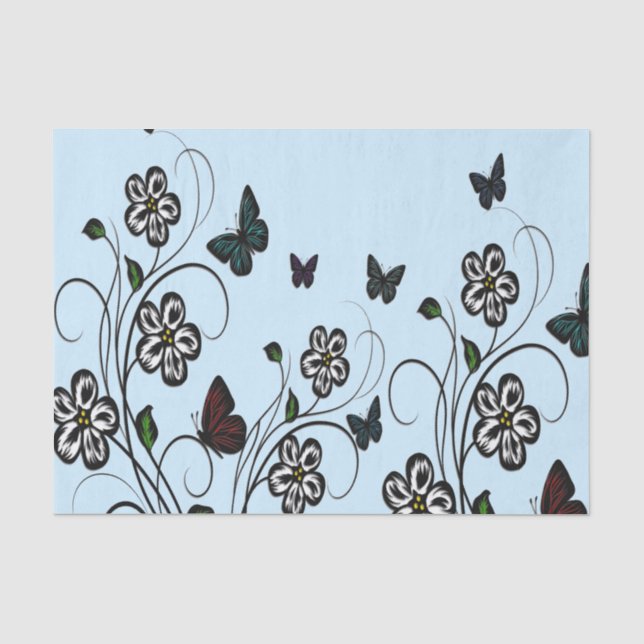 Papier Mousseline Papillons colorés sur Fleurs Bleues (Recto)