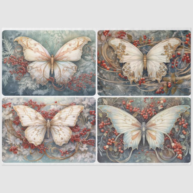 Papier Mousseline Papillons de Noël 4 carrés (Recto)