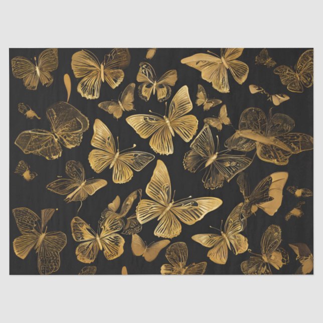 Papier Mousseline Papillons dorés sur fond noir (Recto)