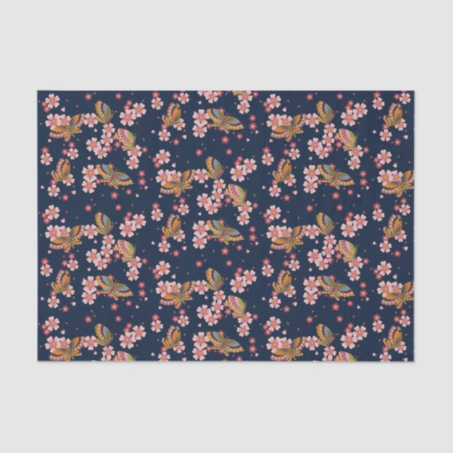 Papier Mousseline Papillons et Cherry Blossom Douches Dusky Blue (Recto)