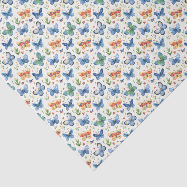 Papier Mousseline Papillons et fleurs bleu jaune vert (Détail)