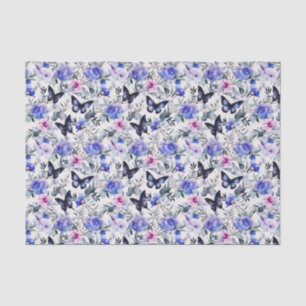 Papier Mousseline Papillons Et Fleurs Bleus