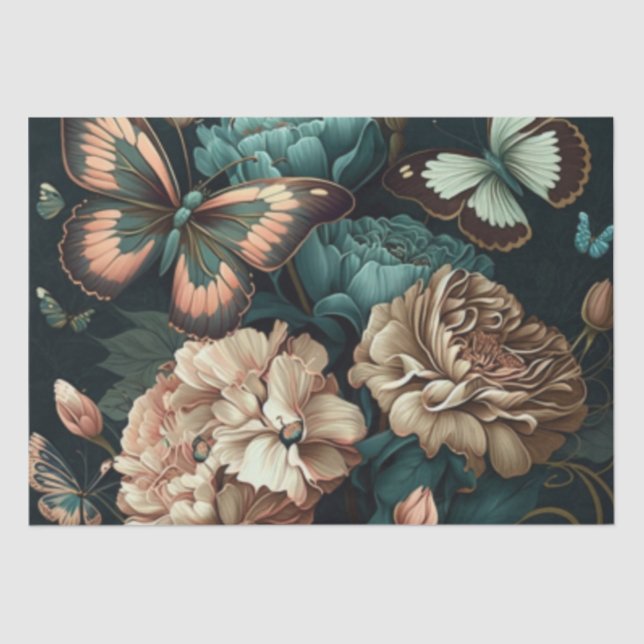 Papier Mousseline Papillons et fleurs design classique foncé (Recto)