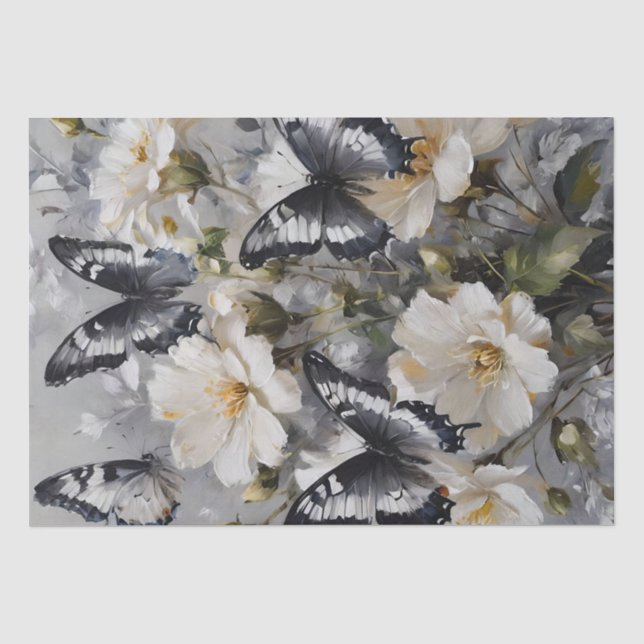 Papier Mousseline Papillons Noir Et Blanc Sur Fleurs Blanches, (Recto)