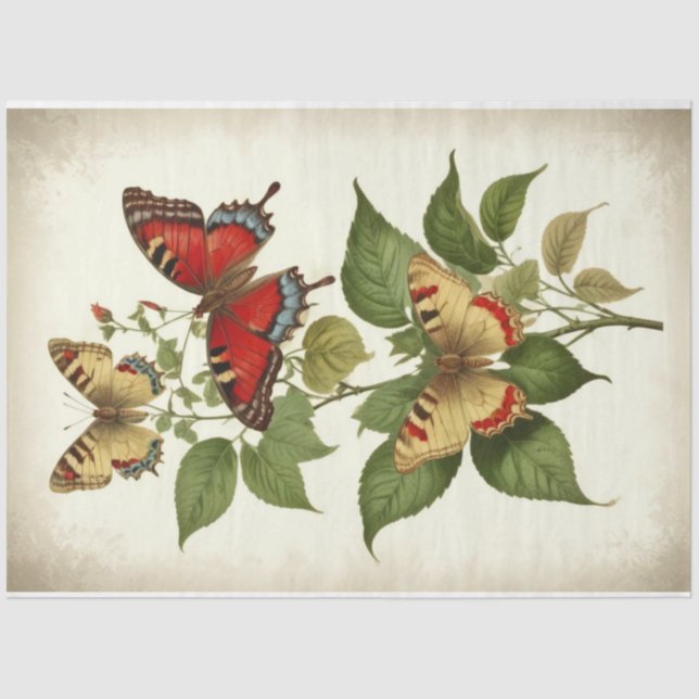 Papier Mousseline Papillons primitifs vintages rouges jaunes (Recto)