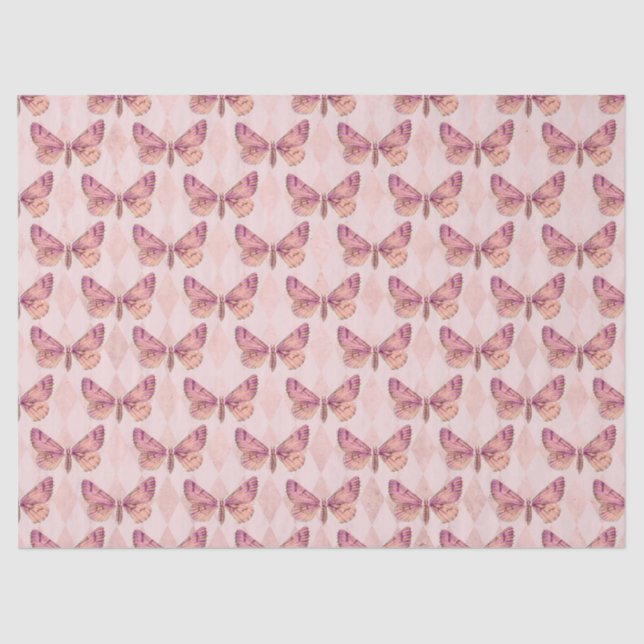 Papier Mousseline Papillons roses sur À damiers Découpage (Recto)