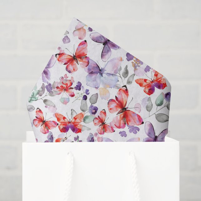 Papier Mousseline Papillons Rouge Violet Anniversaire (Sac cadeau)