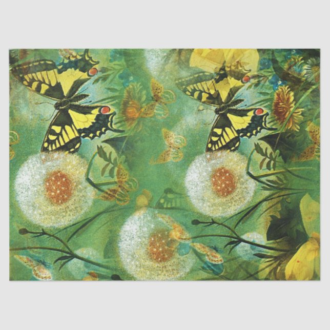 Papier Mousseline Papillons vintages et Dandelions Decoupage (Recto)