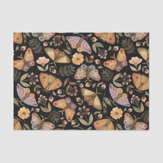 Papier Mousseline Papillons vintages, Fleurs et Berries Noir (Recto)