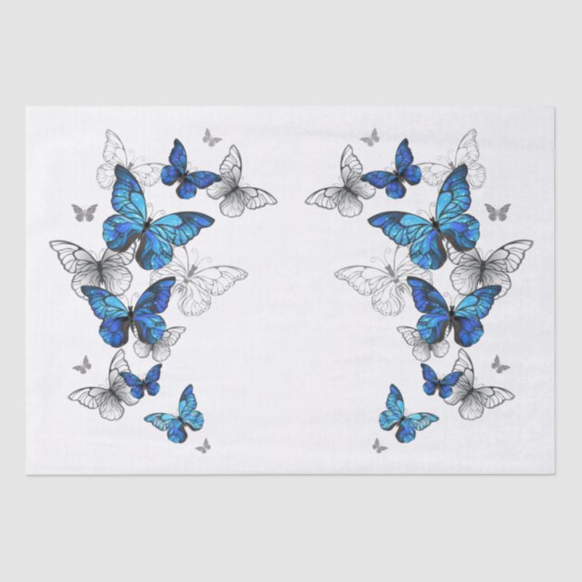 Papier Mousseline Papillons volants bleus Morpho (Recto)